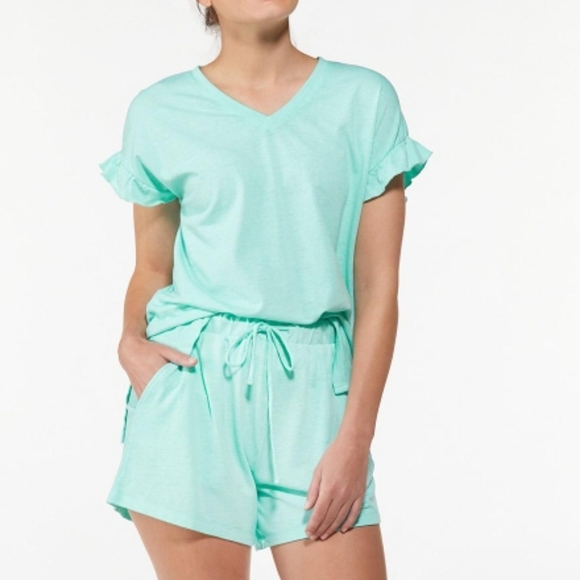 Cato Tops - Aqua flounce ruffle sleeve tee